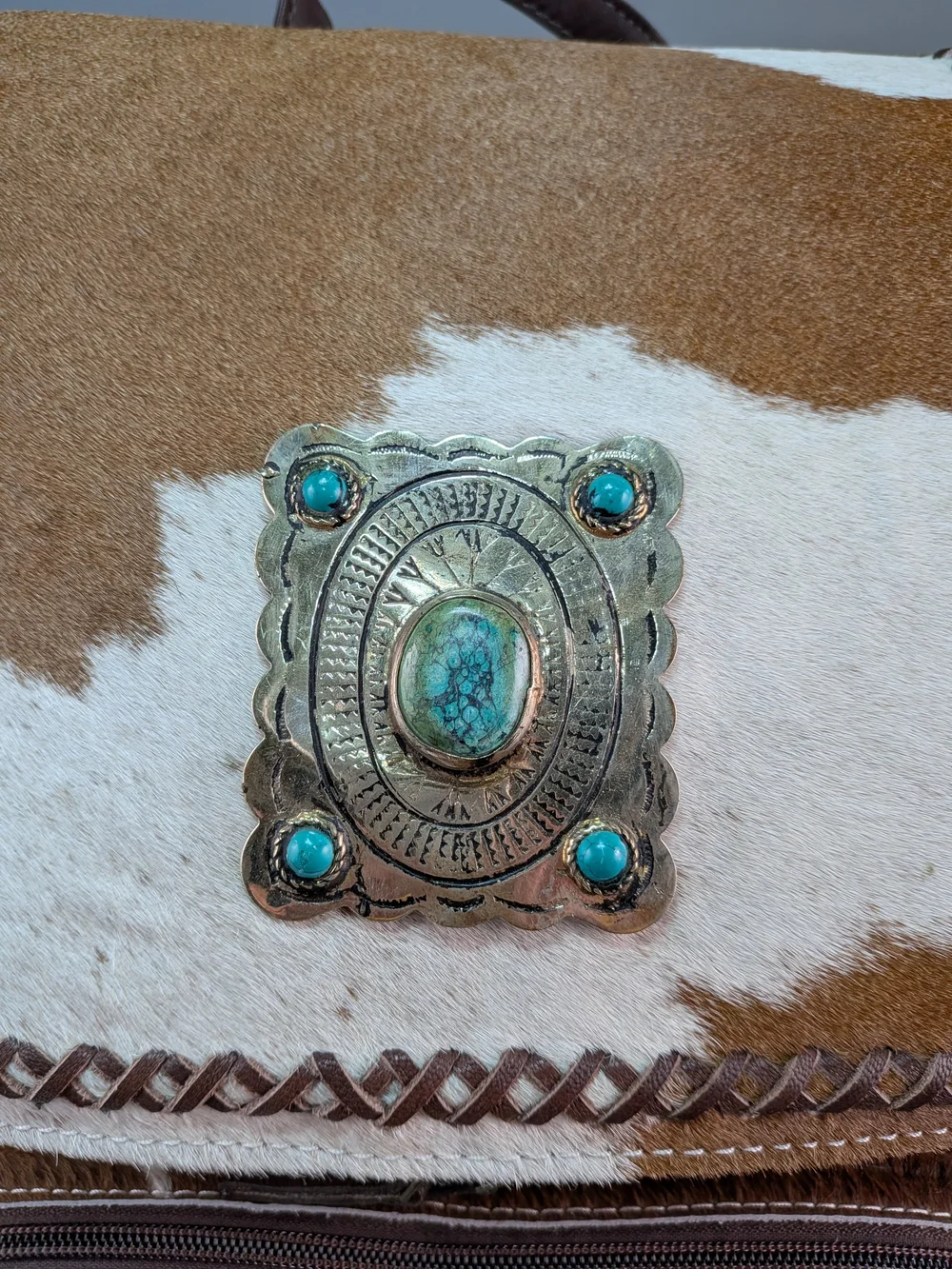NWOT Western Leather Backpack Hair-On Hide Laptop Travel Diaper Turquoise Concho
